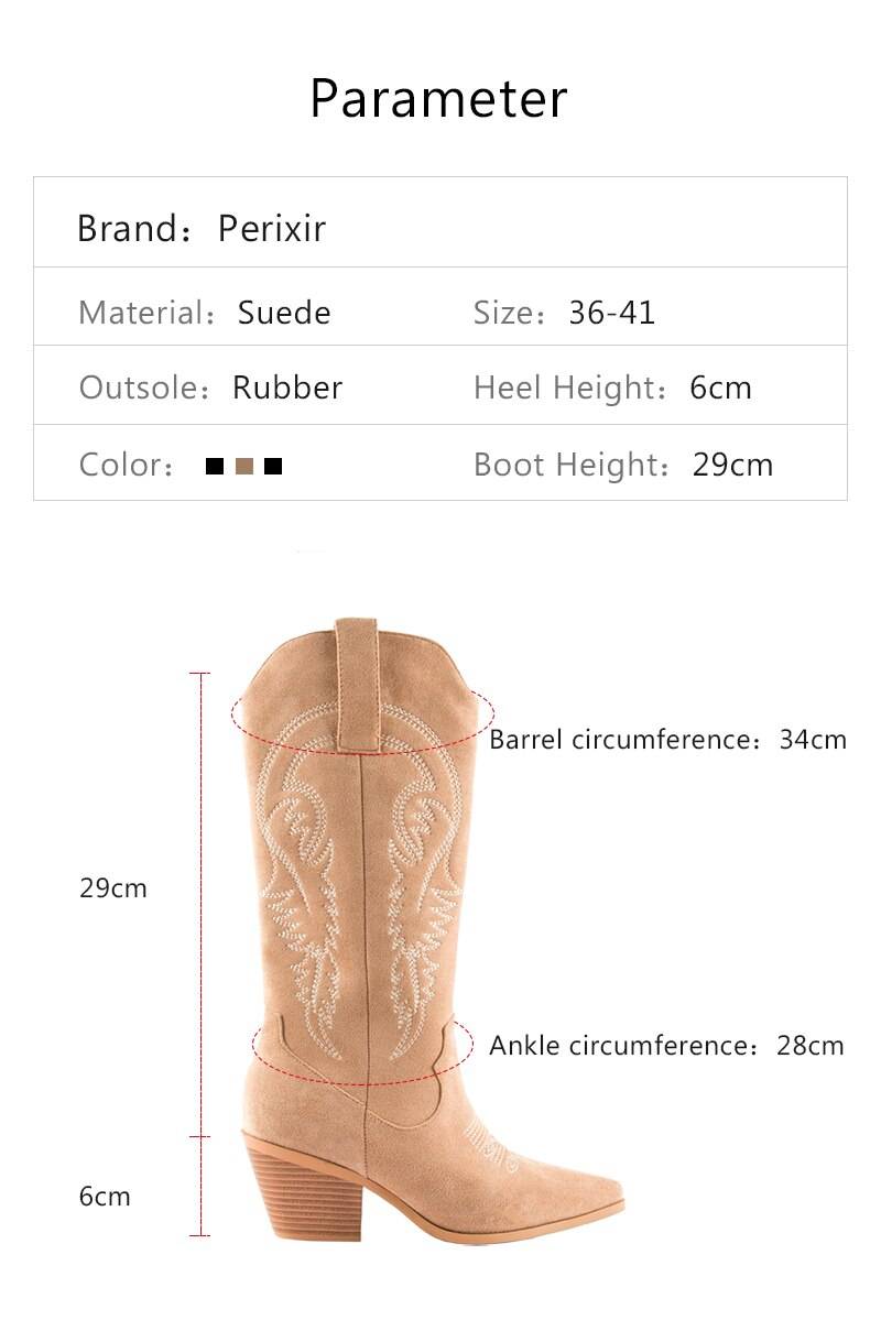 Perixir Western Cowboy Boots For Women Pointed Toe Women's Shoes Brand Embossing Suede Leather Shoes Mid-Calf Chunky Wedges Boot