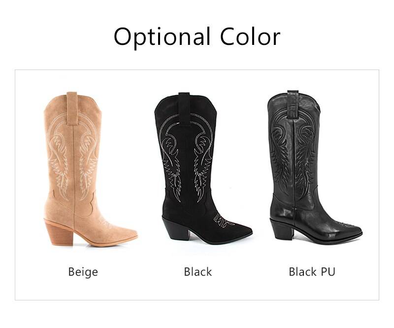 Perixir Western Cowboy Boots For Women Pointed Toe Women's Shoes Brand Embossing Suede Leather Shoes Mid-Calf Chunky Wedges Boot