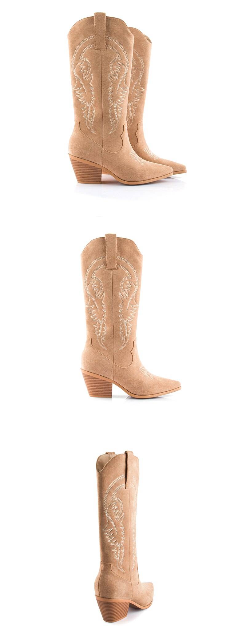 Perixir Western Cowboy Boots For Women Pointed Toe Women's Shoes Brand Embossing Suede Leather Shoes Mid-Calf Chunky Wedges Boot