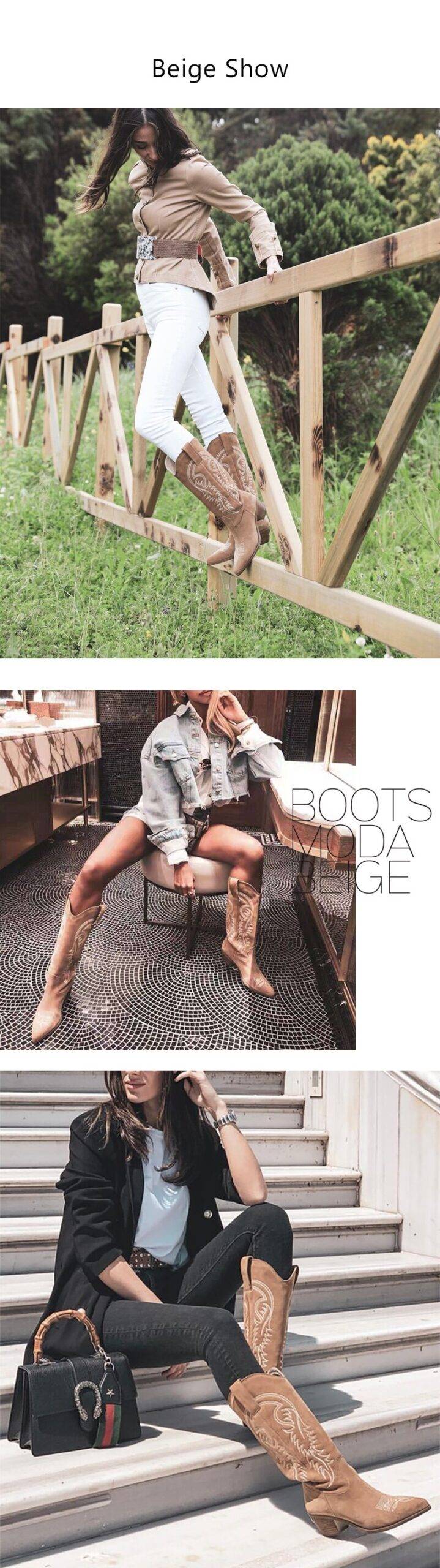 Perixir Western Cowboy Boots For Women Pointed Toe Women's Shoes Brand Embossing Suede Leather Shoes Mid-Calf Chunky Wedges Boot