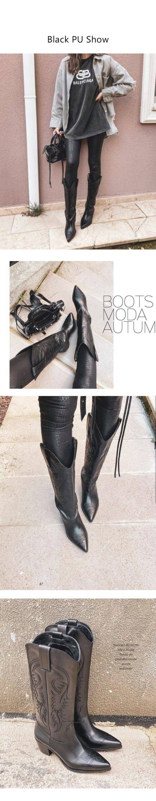 Perixir Western Cowboy Boots For Women Pointed Toe Women's Shoes Brand Embossing Suede Leather Shoes Mid-Calf Chunky Wedges Boot