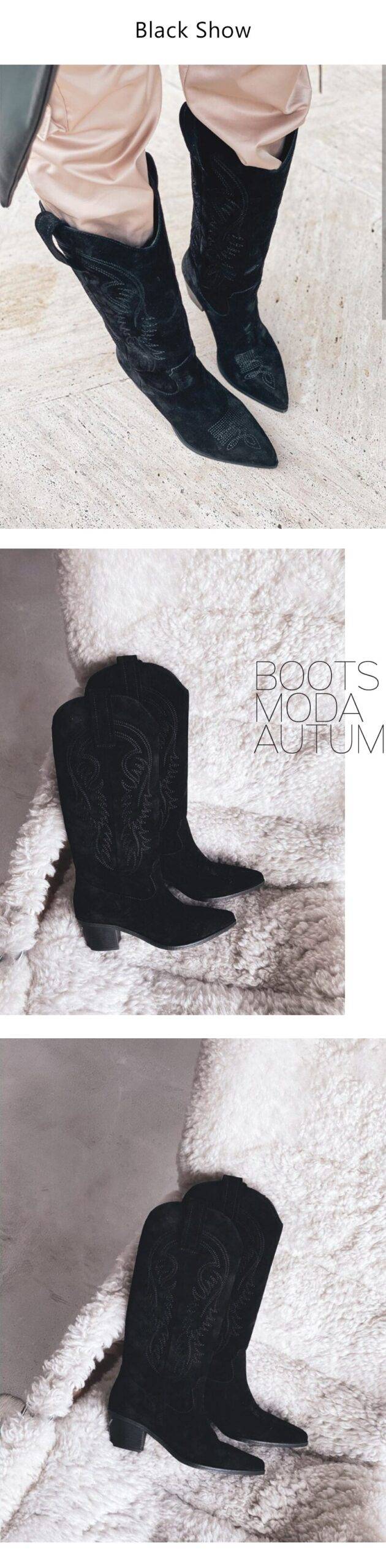 Perixir Western Cowboy Boots For Women Pointed Toe Women's Shoes Brand Embossing Suede Leather Shoes Mid-Calf Chunky Wedges Boot