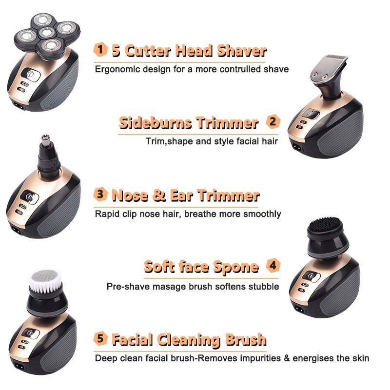 5 In 1 4D Men's Rechargeable Bald Head Electric Shaver 5 Floating Heads Beard Nose Ear Hair Trimmer Razor Clipper Facial Brush Ships From : Russian Federation|China 5 In 1 4D Men's Rechargeable Bald Head Electric Shaver 5 Floating Heads Beard Nose Ear Hair Trimmer Razor Clipper Facial Brush Ships From : Russian Federation|China
