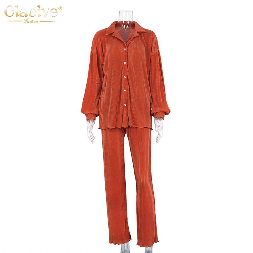Clacive Causal Loose Home Suit Autumn Long Sleeve Blouse With High Wasit Pants Set Women Elegant Pleated Beige 2 Piece Pant Sets Clacive Causal Loose Home Suit Autumn Long Sleeve Blouse With High Wasit Pants Set Women Elegant Pleated Beige 2 Piece Pant Sets