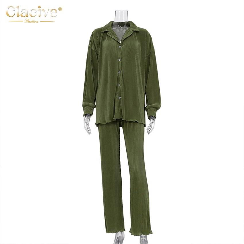 Clacive Causal Loose Home Suit Autumn Long Sleeve Blouse With High Wasit Pants Set Women Elegant Pleated Beige 2 Piece Pant Sets Clacive Causal Loose Home Suit Autumn Long Sleeve Blouse With High Wasit Pants Set Women Elegant Pleated Beige 2 Piece Pant Sets