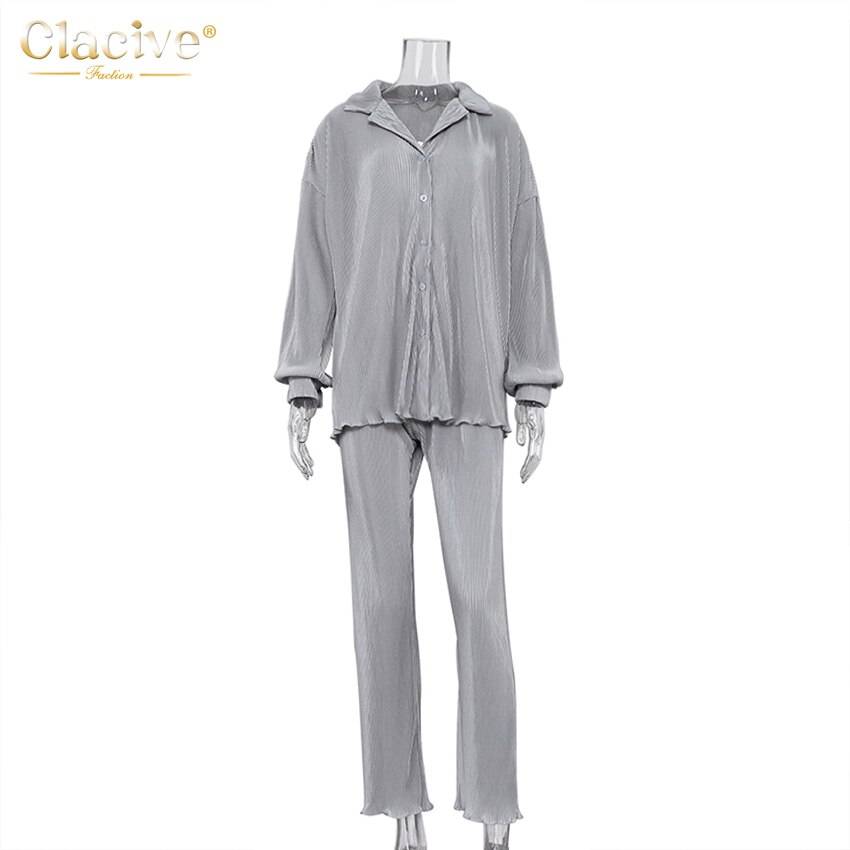 Clacive Causal Loose Home Suit Autumn Long Sleeve Blouse With High Wasit Pants Set Women Elegant Pleated Beige 2 Piece Pant Sets Clacive Causal Loose Home Suit Autumn Long Sleeve Blouse With High Wasit Pants Set Women Elegant Pleated Beige 2 Piece Pant Sets
