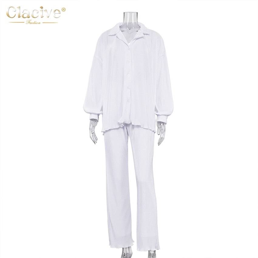 Clacive Causal Loose Home Suit Autumn Long Sleeve Blouse With High Wasit Pants Set Women Elegant Pleated Beige 2 Piece Pant Sets Clacive Causal Loose Home Suit Autumn Long Sleeve Blouse With High Wasit Pants Set Women Elegant Pleated Beige 2 Piece Pant Sets