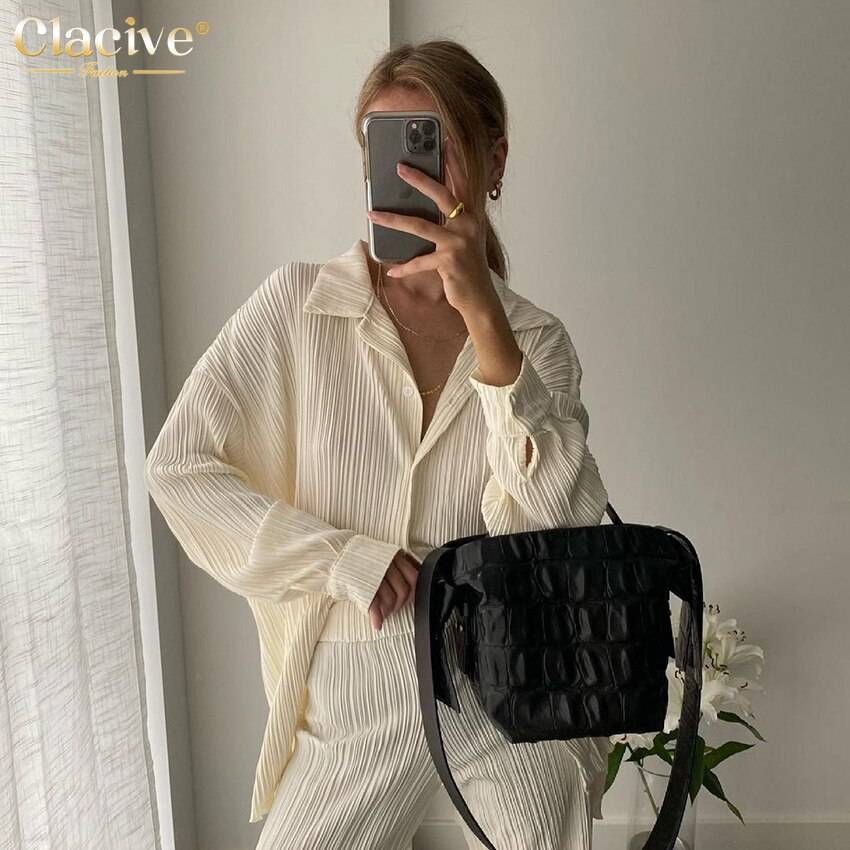 Clacive Causal Loose Home Suit Autumn Long Sleeve Blouse With High Wasit Pants Set Women Elegant Pleated Beige 2 Piece Pant Sets Clacive Causal Loose Home Suit Autumn Long Sleeve Blouse With High Wasit Pants Set Women Elegant Pleated Beige 2 Piece Pant Sets