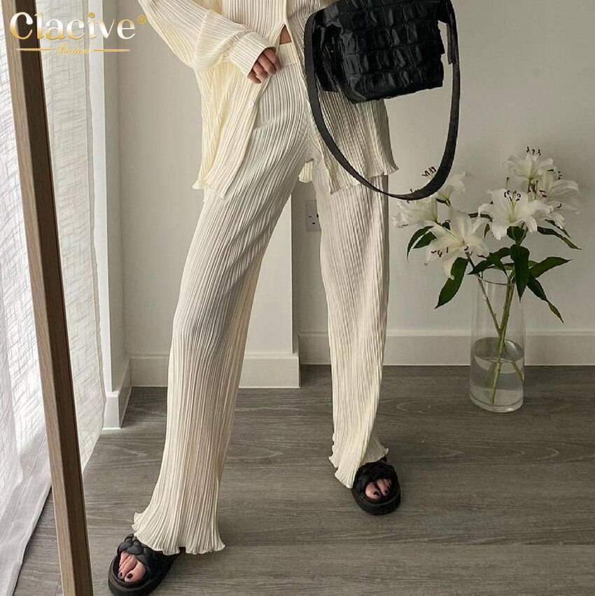 Clacive Causal Loose Home Suit Autumn Long Sleeve Blouse With High Wasit Pants Set Women Elegant Pleated Beige 2 Piece Pant Sets Clacive Causal Loose Home Suit Autumn Long Sleeve Blouse With High Wasit Pants Set Women Elegant Pleated Beige 2 Piece Pant Sets