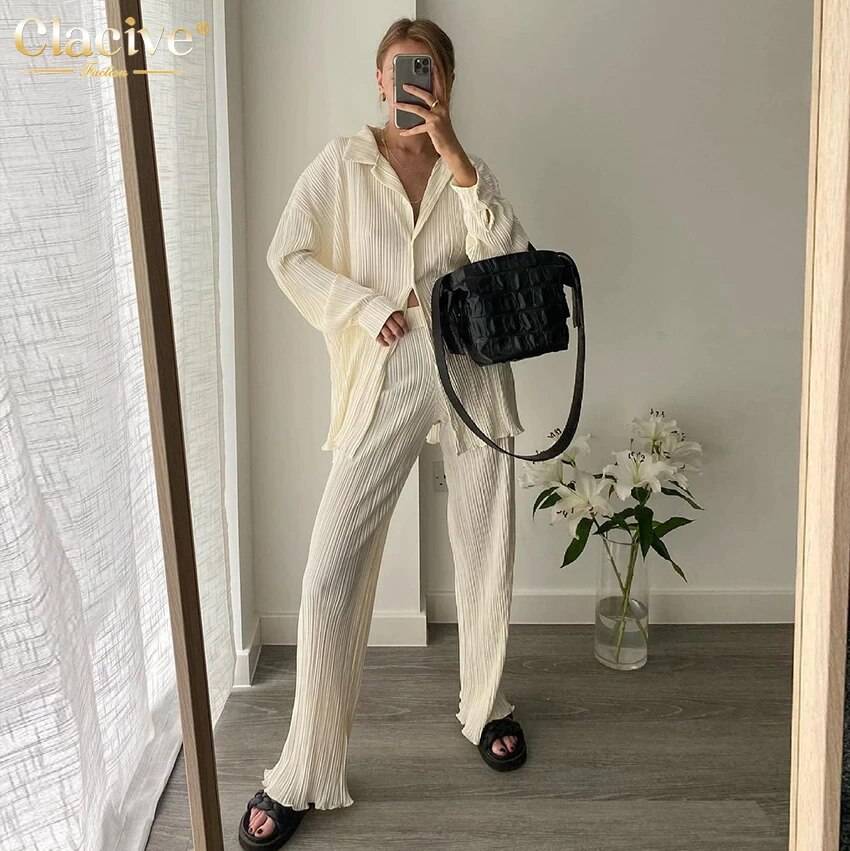 Clacive Causal Loose Home Suit Autumn Long Sleeve Blouse With High Wasit Pants Set Women Elegant Pleated Beige 2 Piece Pant Sets Clacive Causal Loose Home Suit Autumn Long Sleeve Blouse With High Wasit Pants Set Women Elegant Pleated Beige 2 Piece Pant Sets