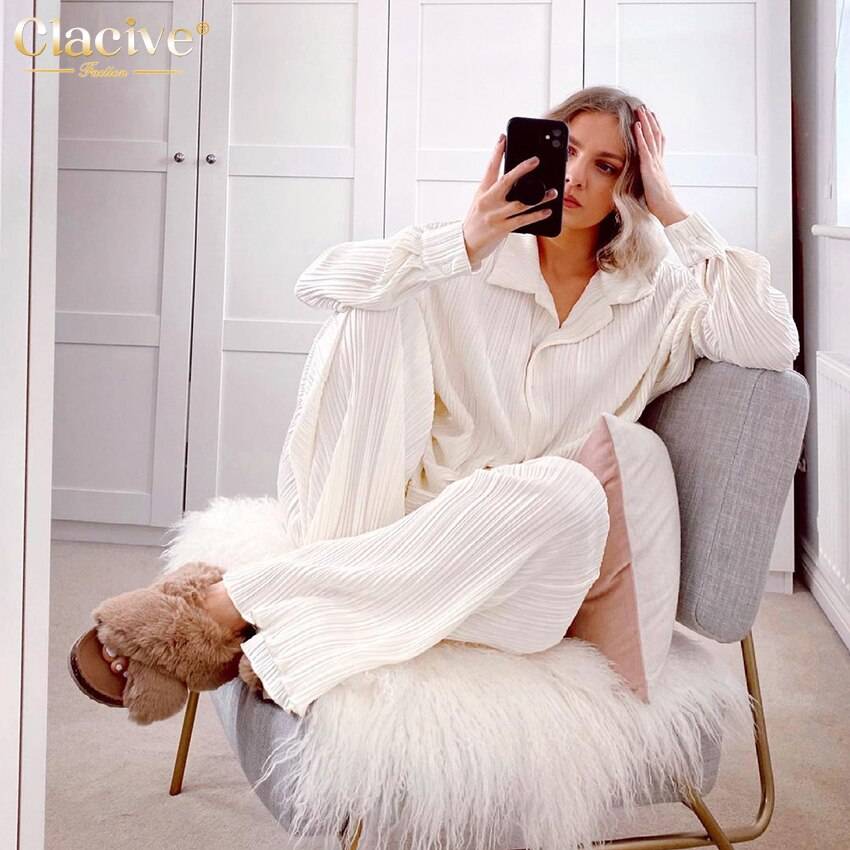 Clacive Causal Loose Home Suit Autumn Long Sleeve Blouse With High Wasit Pants Set Women Elegant Pleated Beige 2 Piece Pant Sets Clacive Causal Loose Home Suit Autumn Long Sleeve Blouse With High Wasit Pants Set Women Elegant Pleated Beige 2 Piece Pant Sets