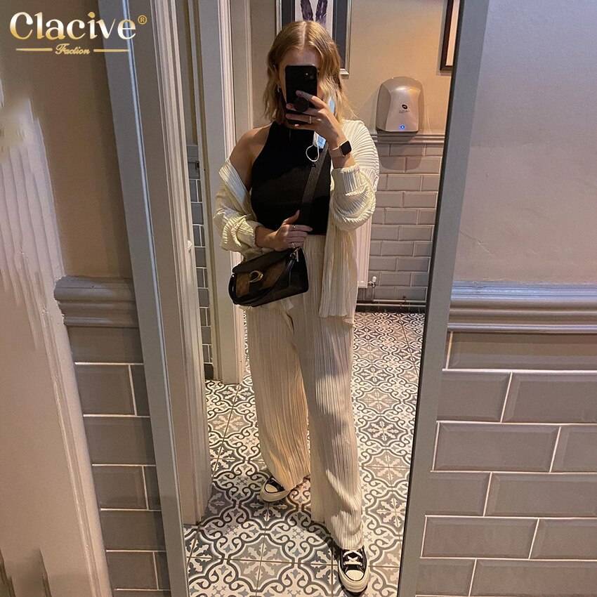 Clacive Causal Loose Home Suit Autumn Long Sleeve Blouse With High Wasit Pants Set Women Elegant Pleated Beige 2 Piece Pant Sets Clacive Causal Loose Home Suit Autumn Long Sleeve Blouse With High Wasit Pants Set Women Elegant Pleated Beige 2 Piece Pant Sets