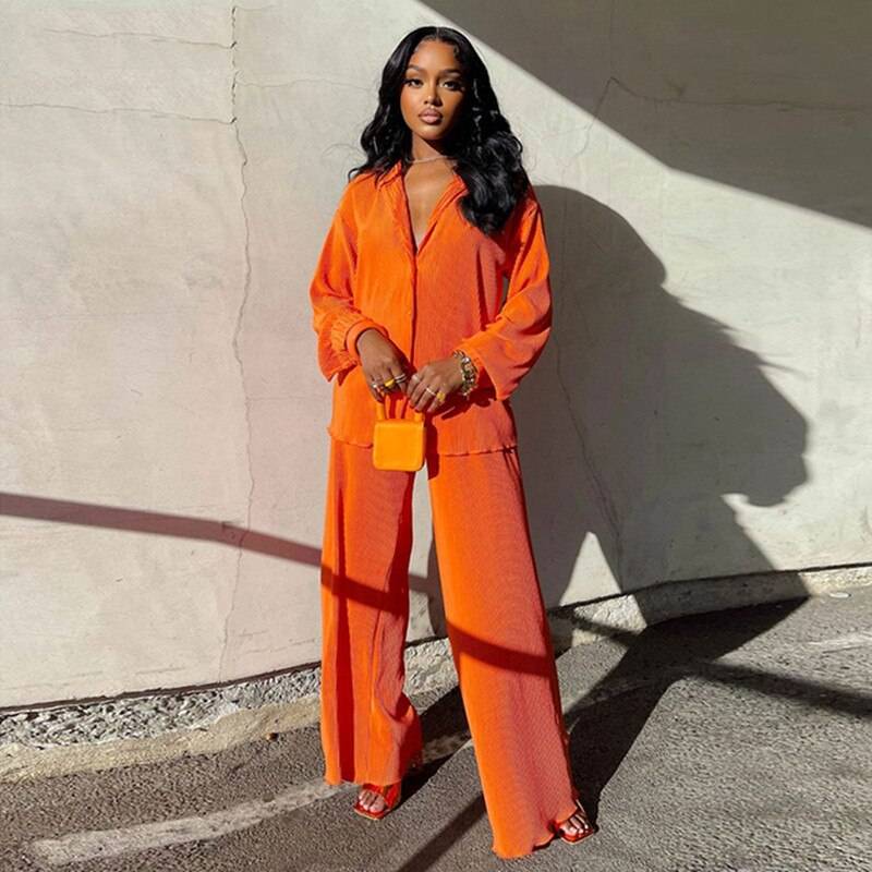 Sexy Solid Suit Two Pieces Outfits Office Lady Long Sleeve Lapel Jacket Coat Suits 2022 Women Casual Wide Leg Trousers Set