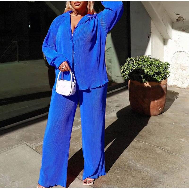 Sexy Solid Suit Two Pieces Outfits Office Lady Long Sleeve Lapel Jacket Coat Suits 2022 Women Casual Wide Leg Trousers Set