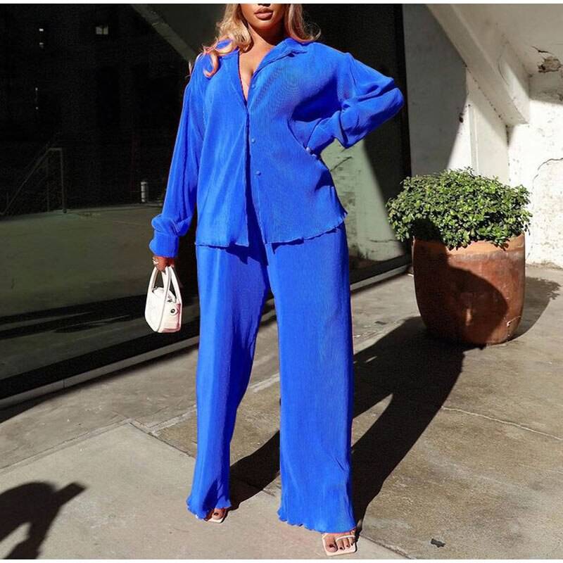 Sexy Solid Suit Two Pieces Outfits Office Lady Long Sleeve Lapel Jacket Coat Suits 2022 Women Casual Wide Leg Trousers Set