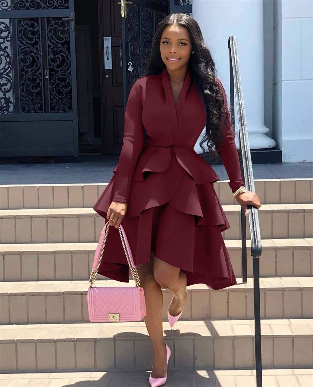 Sexy V-neck Elegant Celebrity Runway Party Dress Women Work Wear Business Ruffles A-line Midi Club Dresses for Women Vestidos Sexy V-neck Elegant Celebrity Runway Party Dress Women Work Wear Business Ruffles A-line Midi Club Dresses for Women Vestidos