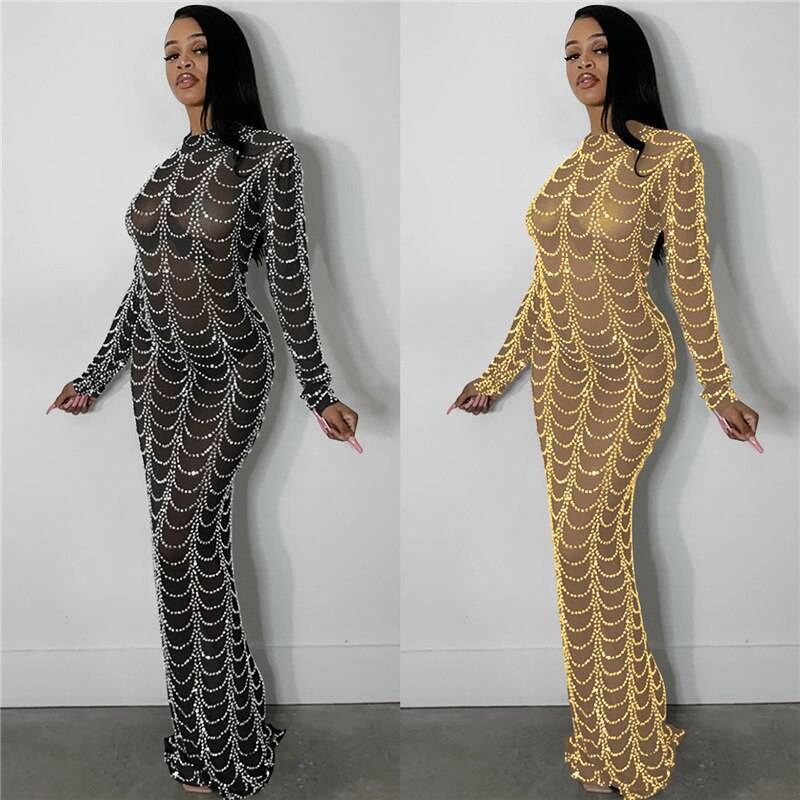 Sparkly Crystal Rhinestone Bodycon Maxi Dress Women Wedding Evening Long Sleeve Mesh See Through Night Party Club Birthday Dress Color : Black|Gold Sparkly Crystal Rhinestone Bodycon Maxi Dress Women Wedding Evening Long Sleeve Mesh See Through Night Party Club Birthday Dress Color : Black|Gold