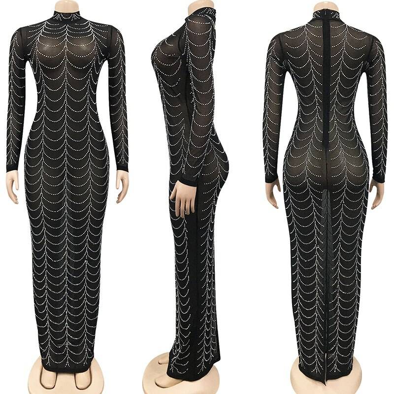 Sparkly Crystal Rhinestone Bodycon Maxi Dress Women Wedding Evening Long Sleeve Mesh See Through Night Party Club Birthday Dress Color : Black|Gold Sparkly Crystal Rhinestone Bodycon Maxi Dress Women Wedding Evening Long Sleeve Mesh See Through Night Party Club Birthday Dress Color : Black|Gold