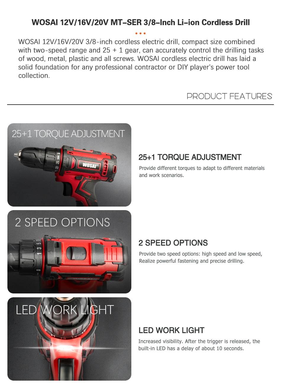 WOSAI 12V 16V 20V Cordless Drill Electric Screwdriver Mini Wireless Power Driver DC Lithium-Ion Battery 3/8-Inch