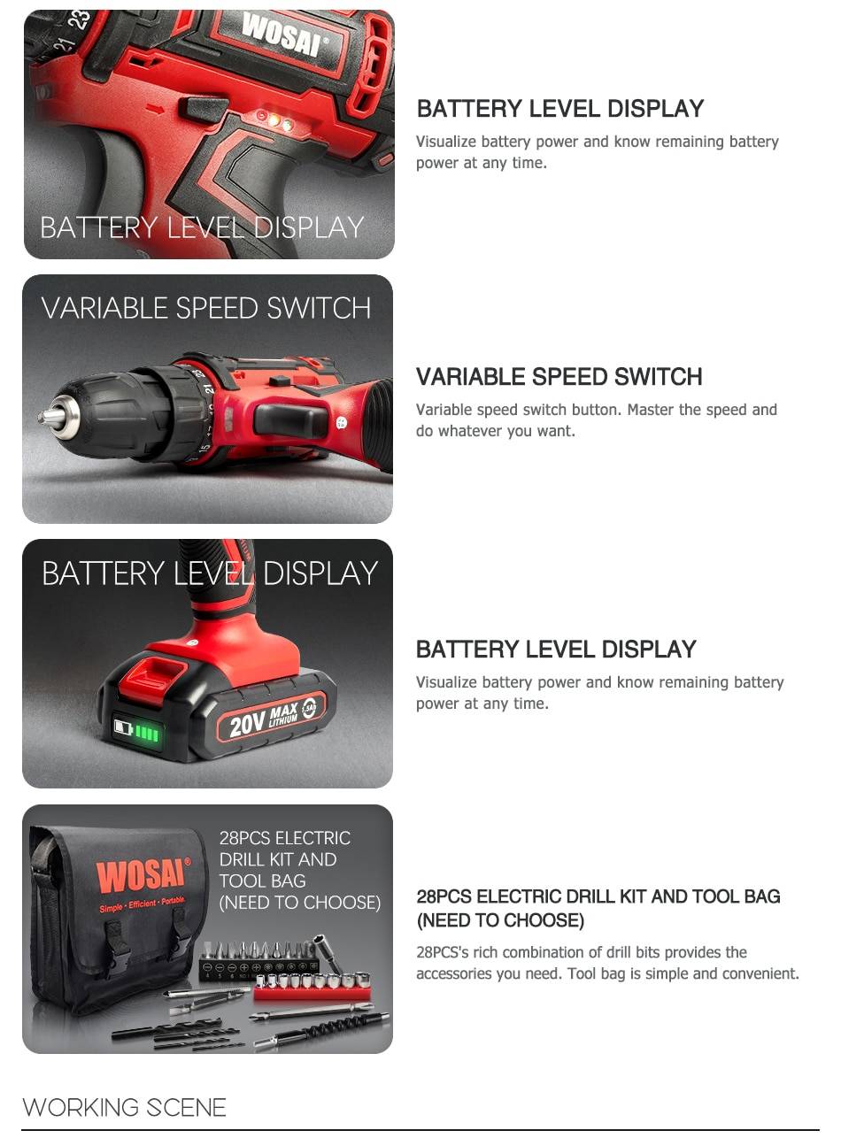 WOSAI 12V 16V 20V Cordless Drill Electric Screwdriver Mini Wireless Power Driver DC Lithium-Ion Battery 3/8-Inch