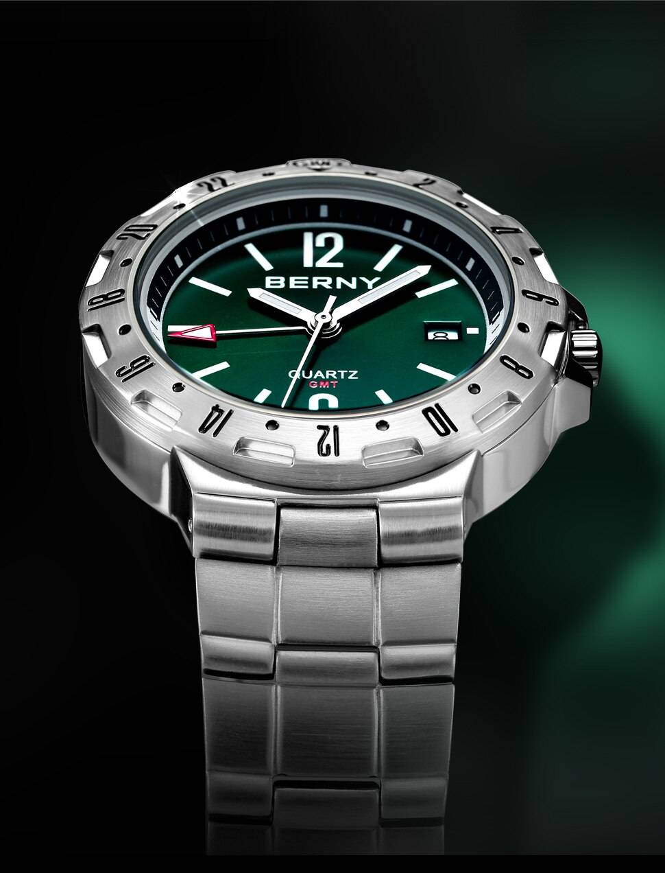 BERNY GMT Watch for Men Super Luminous Luxury Sports Quartz Wristwatch Waterproof Stainless Steel Military Man Clock SWISS MOVT