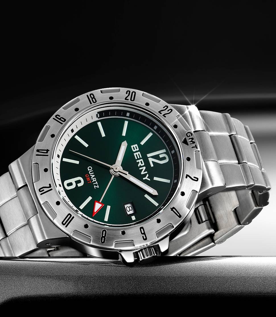 BERNY GMT Watch for Men Super Luminous Luxury Sports Quartz Wristwatch Waterproof Stainless Steel Military Man Clock SWISS MOVT