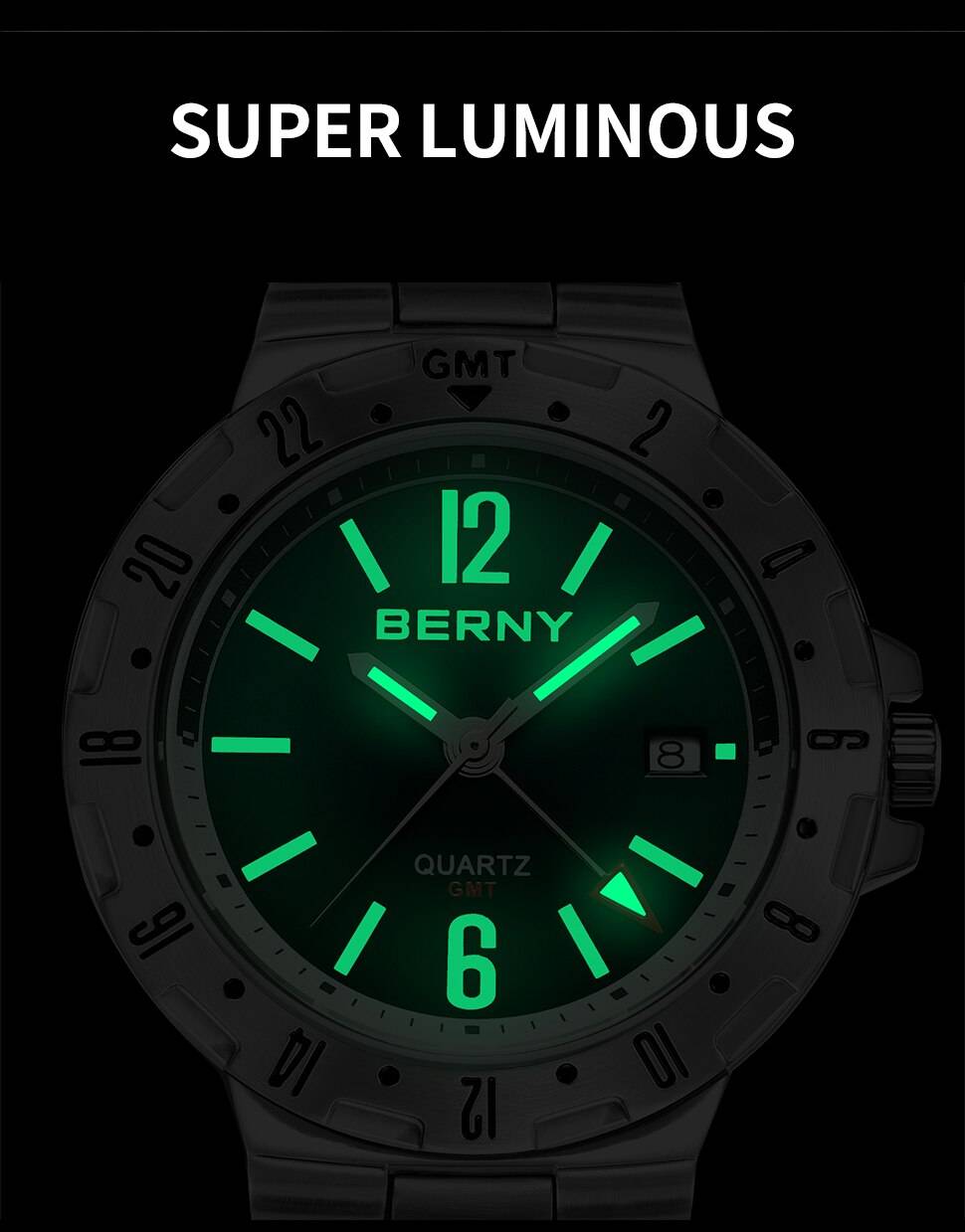 BERNY GMT Watch for Men Super Luminous Luxury Sports Quartz Wristwatch Waterproof Stainless Steel Military Man Clock SWISS MOVT
