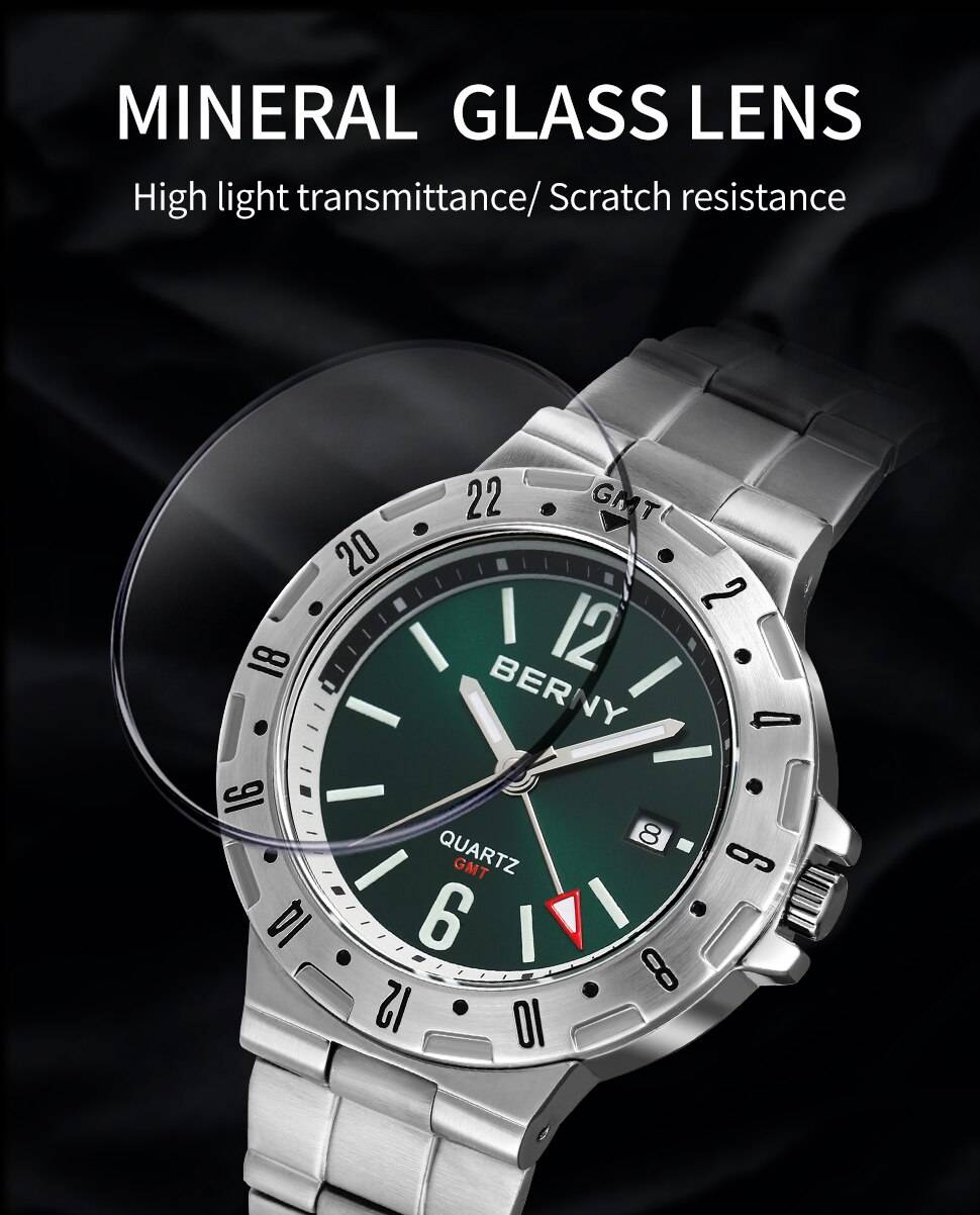 BERNY GMT Watch for Men Super Luminous Luxury Sports Quartz Wristwatch Waterproof Stainless Steel Military Man Clock SWISS MOVT