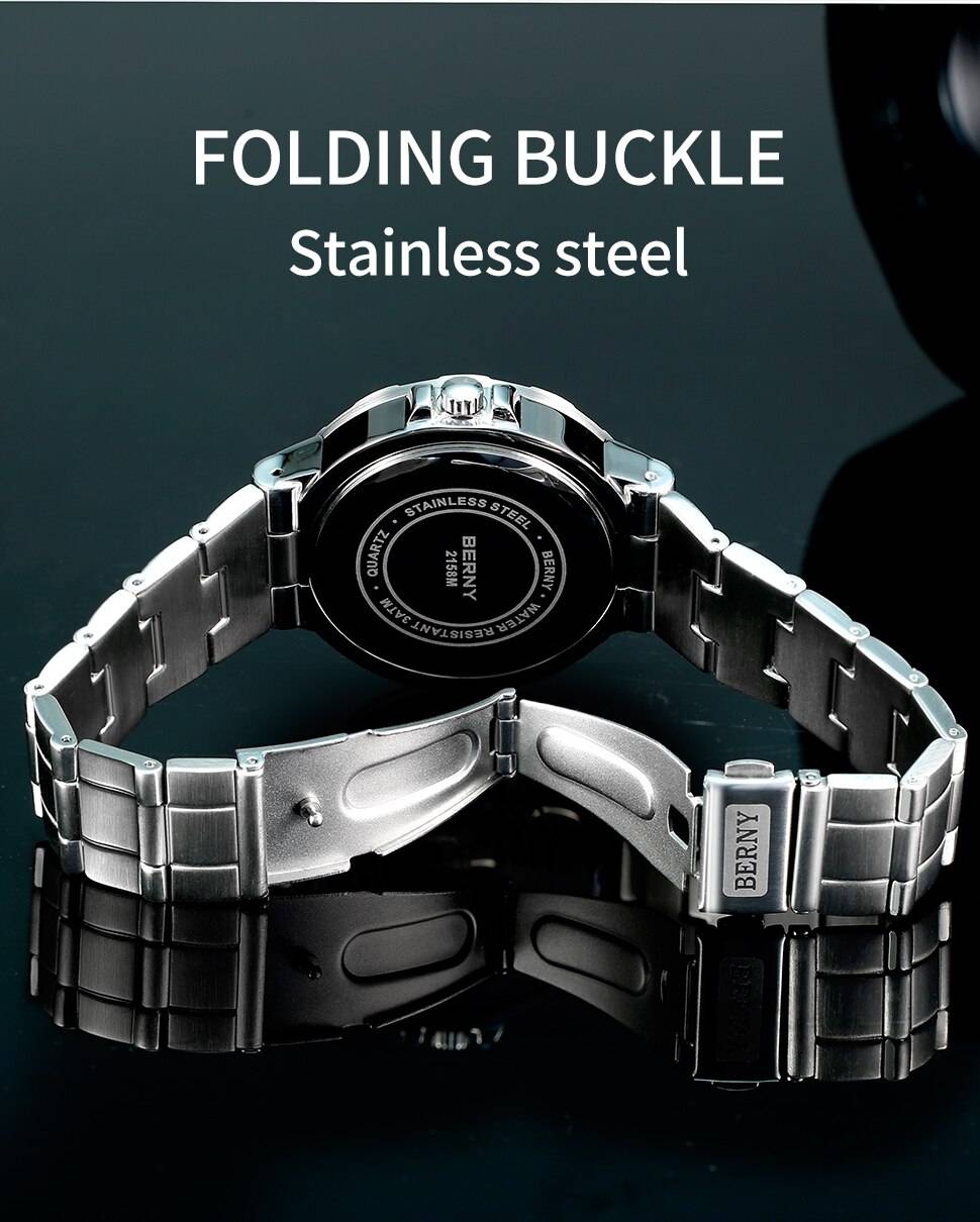 BERNY GMT Watch for Men Super Luminous Luxury Sports Quartz Wristwatch Waterproof Stainless Steel Military Man Clock SWISS MOVT