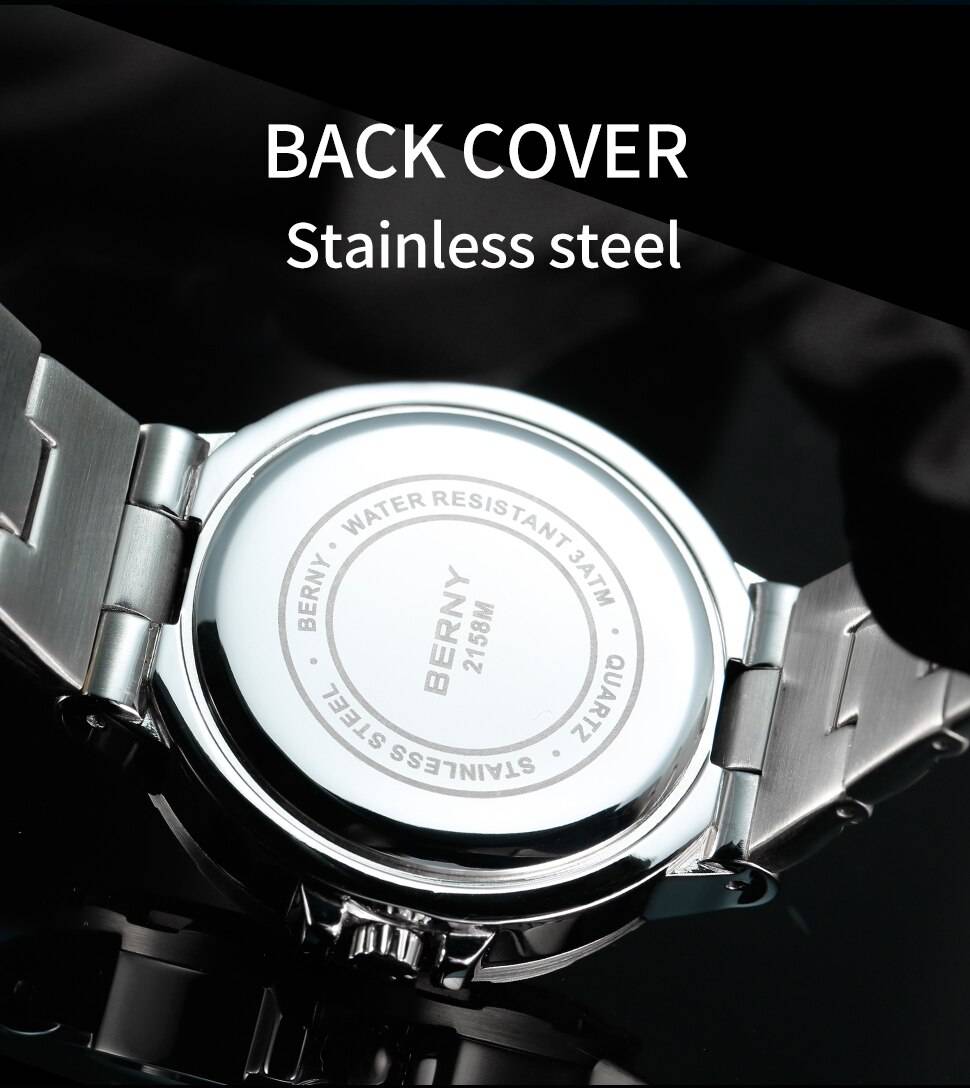 BERNY GMT Watch for Men Super Luminous Luxury Sports Quartz Wristwatch Waterproof Stainless Steel Military Man Clock SWISS MOVT