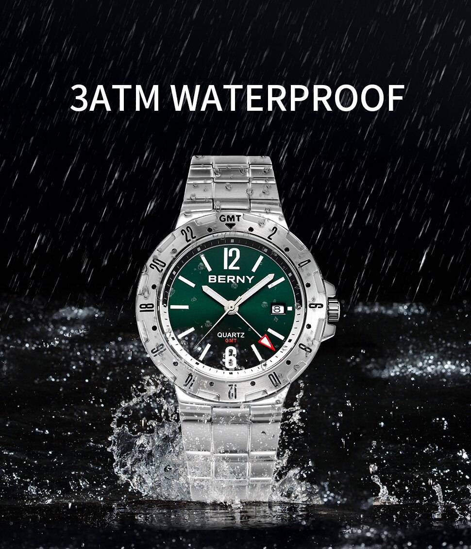 BERNY GMT Watch for Men Super Luminous Luxury Sports Quartz Wristwatch Waterproof Stainless Steel Military Man Clock SWISS MOVT