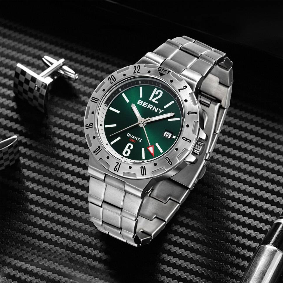 BERNY GMT Watch for Men Super Luminous Luxury Sports Quartz Wristwatch Waterproof Stainless Steel Military Man Clock SWISS MOVT