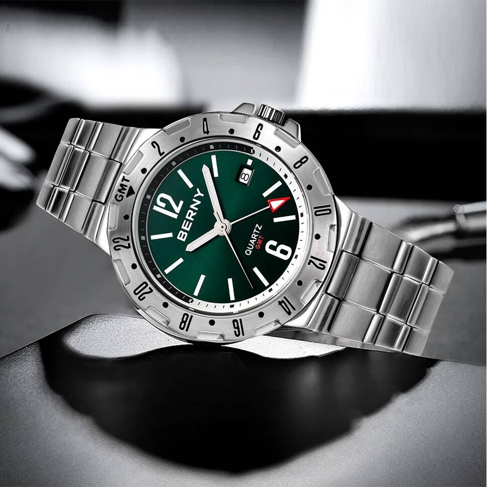 BERNY GMT Watch for Men Super Luminous Luxury Sports Quartz Wristwatch Waterproof Stainless Steel Military Man Clock SWISS MOVT