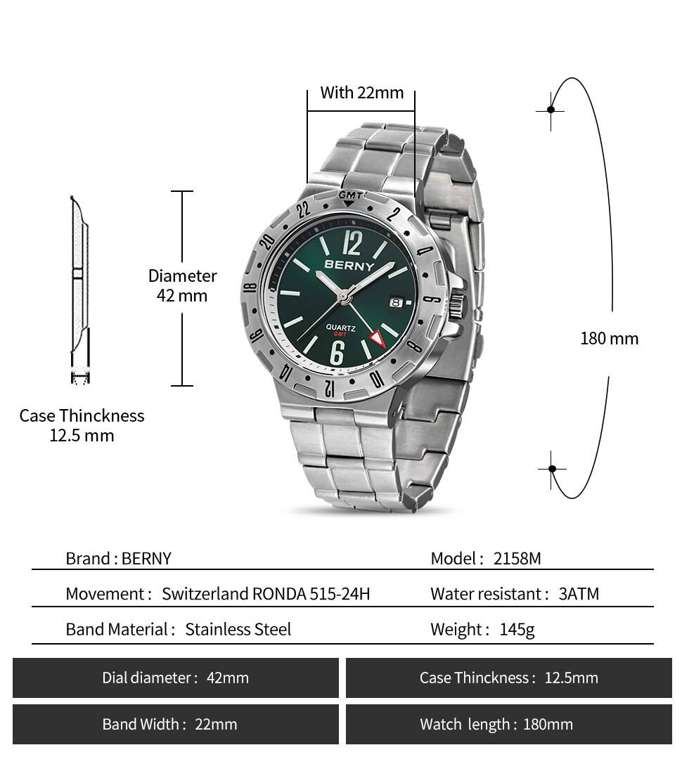 BERNY GMT Watch for Men Super Luminous Luxury Sports Quartz Wristwatch Waterproof Stainless Steel Military Man Clock SWISS MOVT
