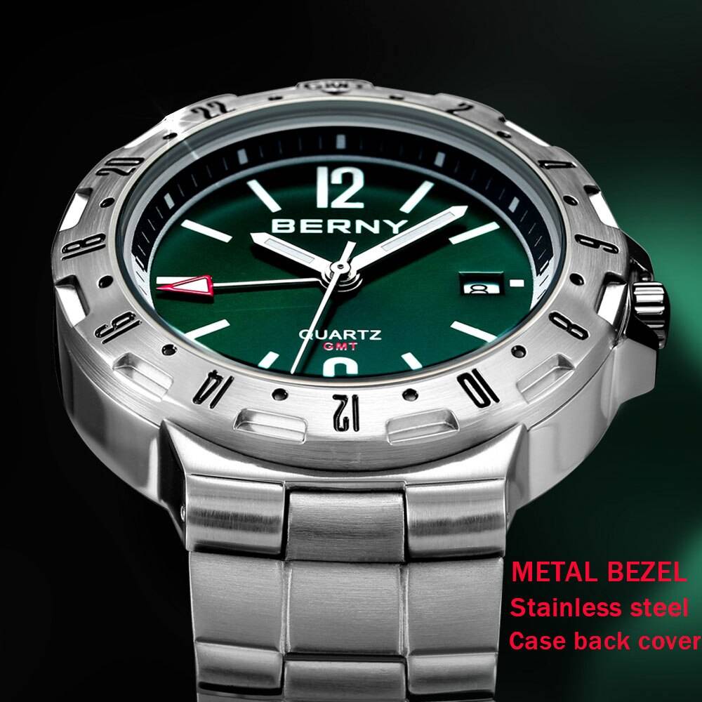 BERNY GMT Watch for Men Super Luminous Luxury Sports Quartz Wristwatch Waterproof Stainless Steel Military Man Clock SWISS MOVT Color : 2158M Watch Green|2158M Watch Blue|2158M Watch Black BERNY GMT Watch for Men Super Luminous Luxury Sports Quartz Wristwatch Waterproof Stainless Steel Military Man Clock SWISS MOVT Color : 2158M Watch Green|2158M Watch Blue|2158M Watch Black
