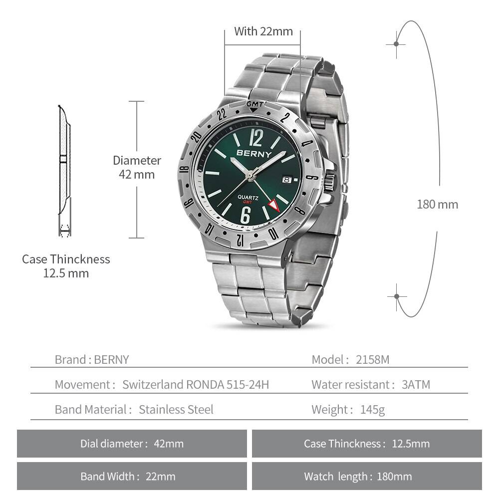 BERNY GMT Watch for Men Super Luminous Luxury Sports Quartz Wristwatch Waterproof Stainless Steel Military Man Clock SWISS MOVT Color : 2158M Watch Green|2158M Watch Blue|2158M Watch Black BERNY GMT Watch for Men Super Luminous Luxury Sports Quartz Wristwatch Waterproof Stainless Steel Military Man Clock SWISS MOVT Color : 2158M Watch Green|2158M Watch Blue|2158M Watch Black