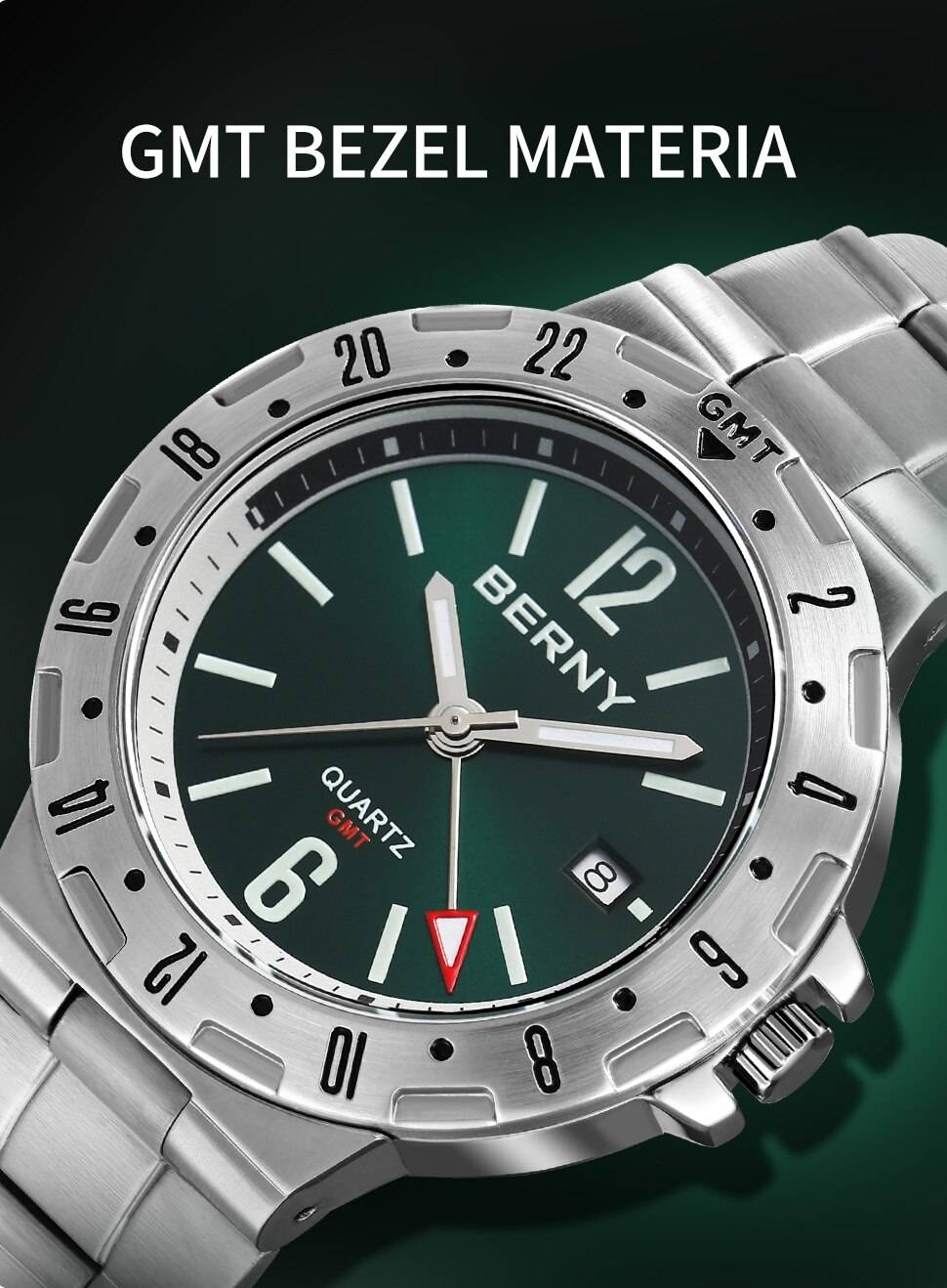 BERNY GMT Watch for Men Super Luminous Luxury Sports Quartz Wristwatch Waterproof Stainless Steel Military Man Clock SWISS MOVT