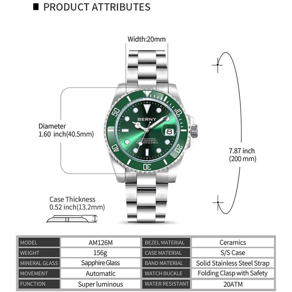 BERNY NH35 Divers’ Watch for Men Business Wristwatches Sapphire Super Luminous 20Bar Color : Green Wristwatch|Black Wristwatch|Blue Wristwatch BERNY NH35 Divers’ Watch for Men Business Wristwatches Sapphire Super Luminous 20Bar Color : Green Wristwatch|Black Wristwatch|Blue Wristwatch