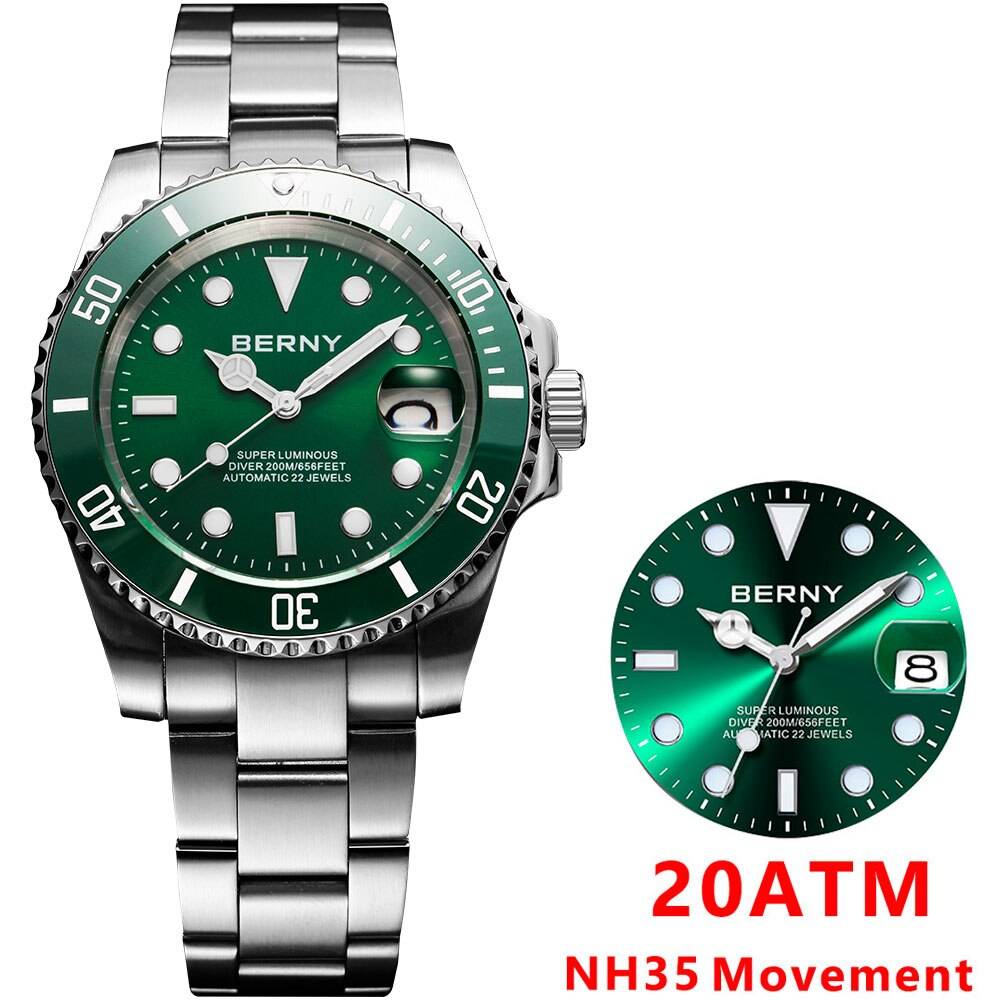 BERNY NH35 Divers’ Watch for Men Business Wristwatches Sapphire Super Luminous 20Bar Color: Green Wristwatch Ships From: China|SPAIN BERNY NH35 Divers’ Watch for Men Business Wristwatches Sapphire Super Luminous 20Bar Color: Green Wristwatch Ships From: China|SPAIN