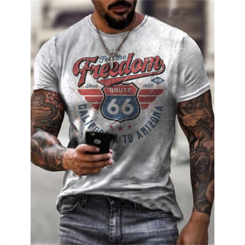 Summer Mens T Shirts Oversized Loose Clothes Vintage Short Sleeve Fashion America Route 66 Letters Printed O Collared T shirts