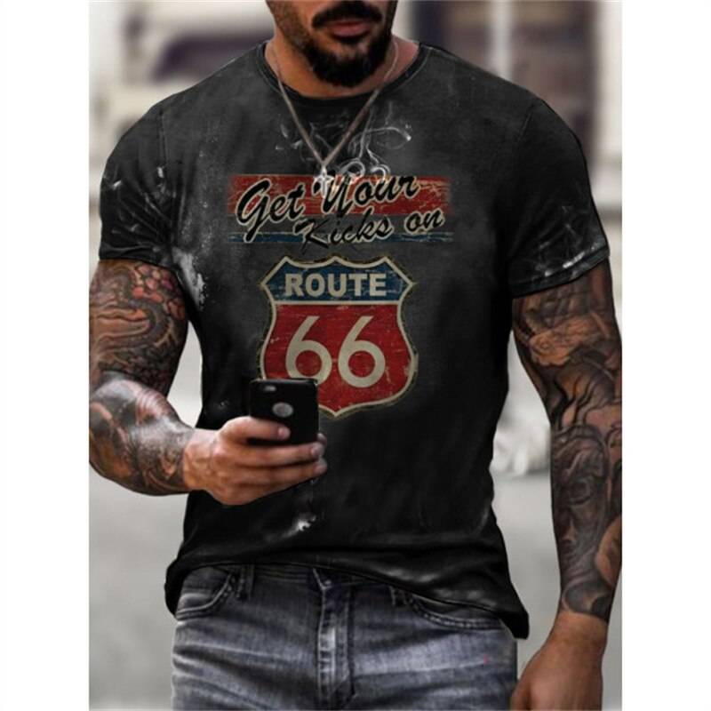 Summer Mens T Shirts Oversized Loose Clothes Vintage Short Sleeve Fashion America Route 66 Letters Printed O Collared T shirts