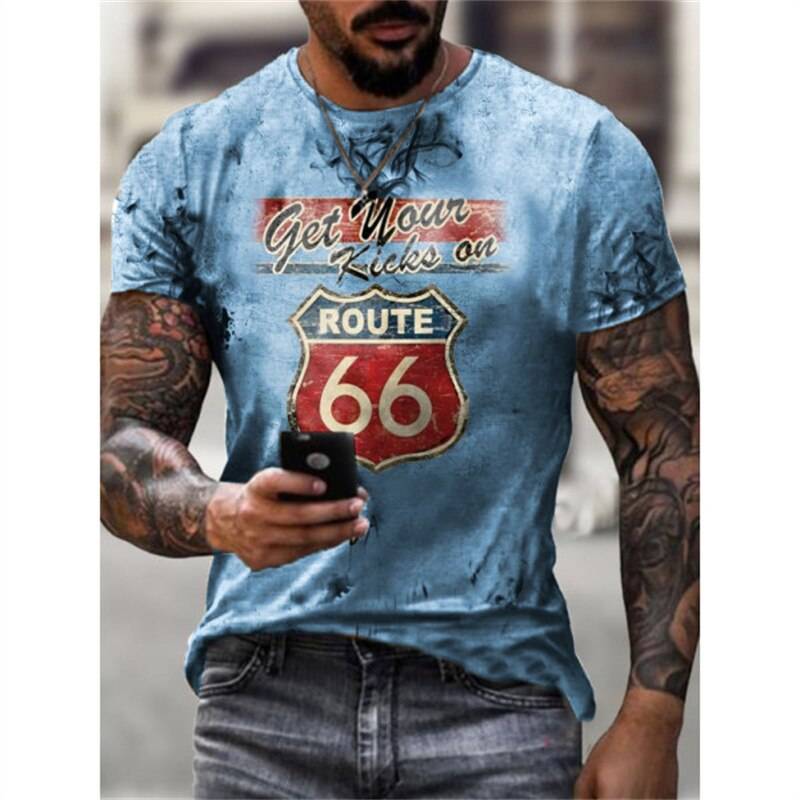 Summer Mens T Shirts Oversized Loose Clothes Vintage Short Sleeve Fashion America Route 66 Letters Printed O Collared T shirts
