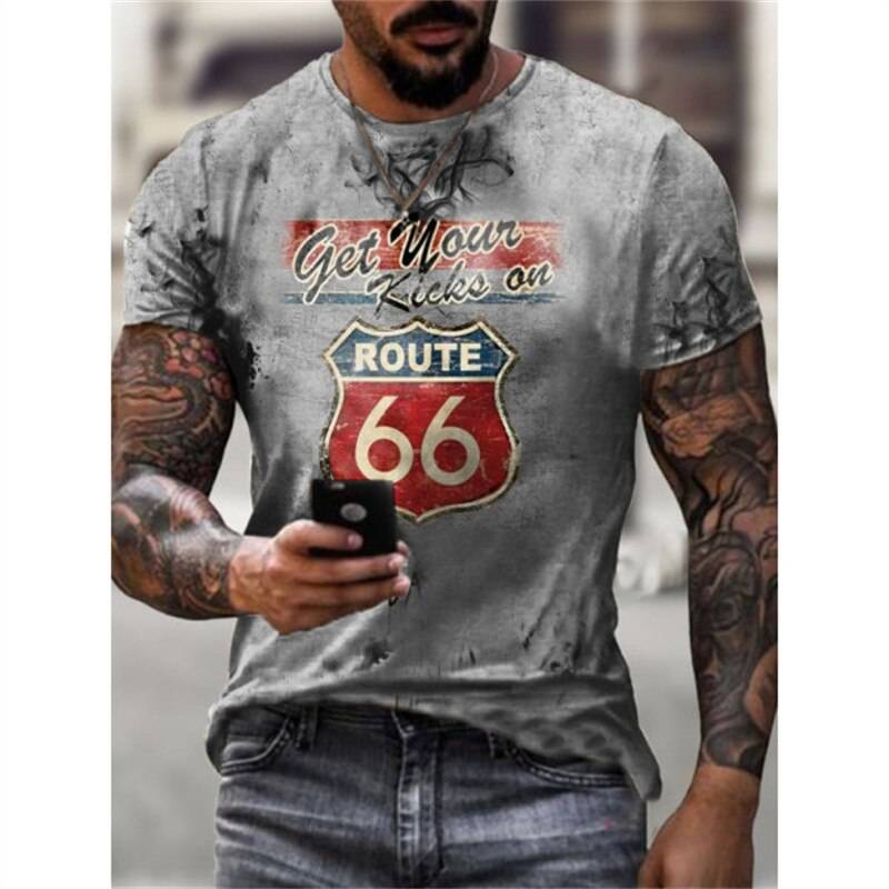 Summer Mens T Shirts Oversized Loose Clothes Vintage Short Sleeve Fashion America Route 66 Letters Printed O Collared T shirts