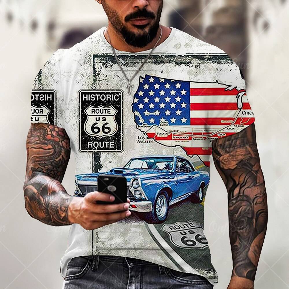 Summer Mens T Shirts Oversized Loose Clothes Vintage Short Sleeve Fashion America Route 66 Letters Printed O Collared T shirts