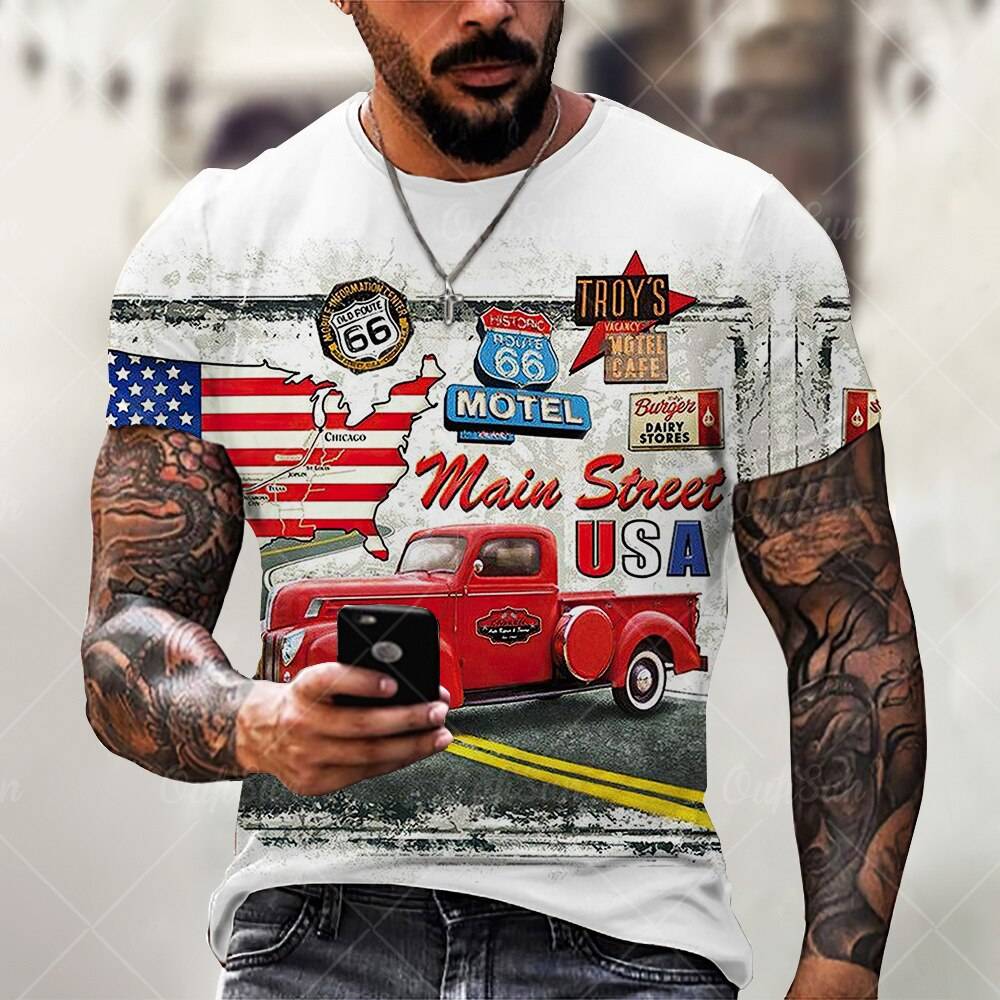 Summer Mens T Shirts Oversized Loose Clothes Vintage Short Sleeve Fashion America Route 66 Letters Printed O Collared T shirts