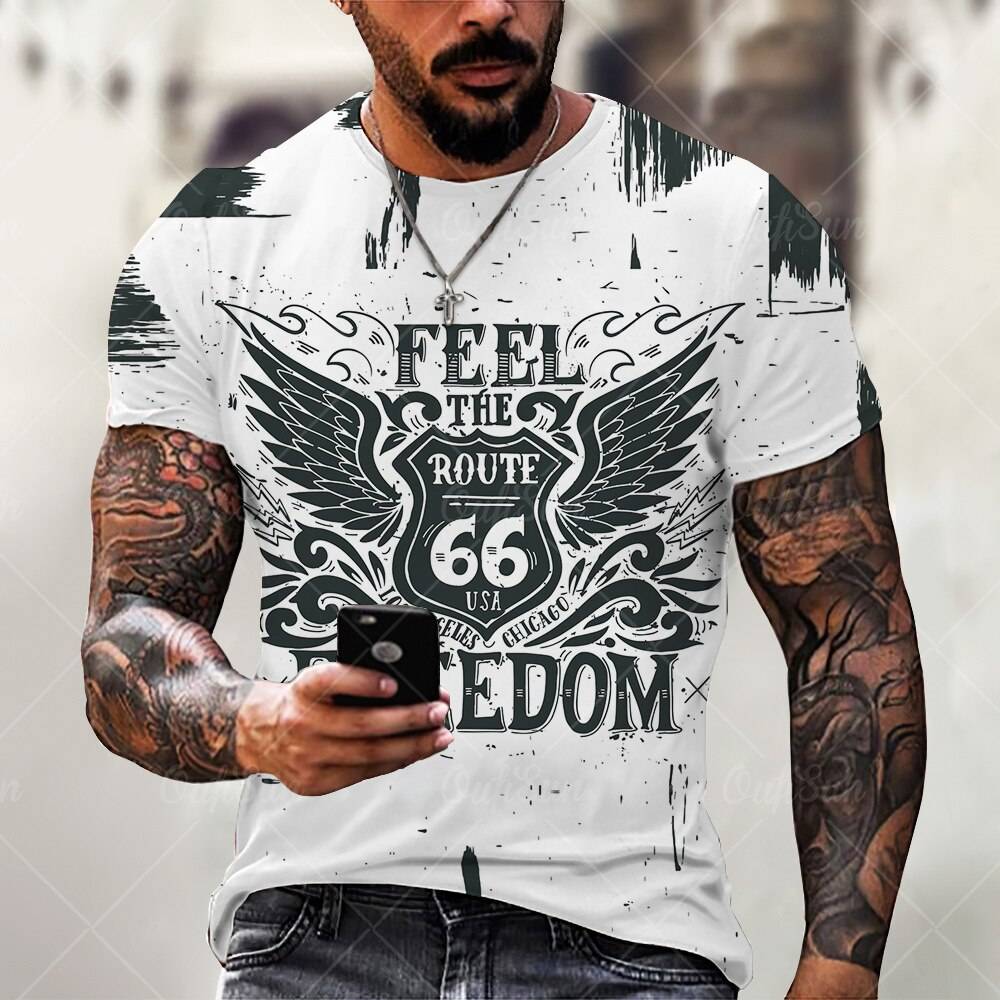 Summer Mens T Shirts Oversized Loose Clothes Vintage Short Sleeve Fashion America Route 66 Letters Printed O Collared T shirts
