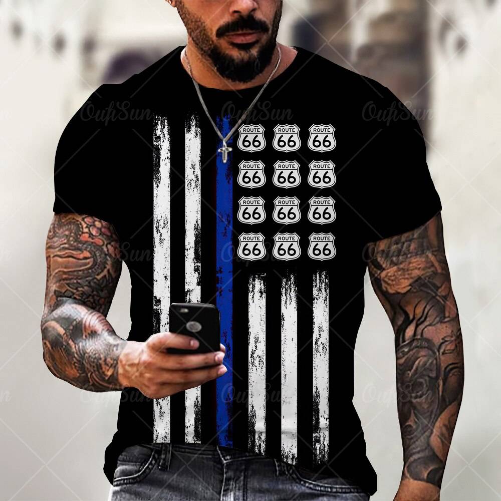 Summer Mens T Shirts Oversized Loose Clothes Vintage Short Sleeve Fashion America Route 66 Letters Printed O Collared T shirts