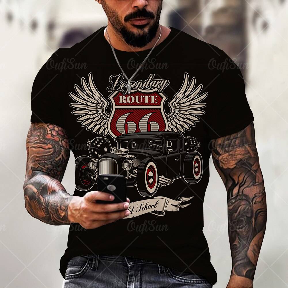 Summer Mens T Shirts Oversized Loose Clothes Vintage Short Sleeve Fashion America Route 66 Letters Printed O Collared T shirts