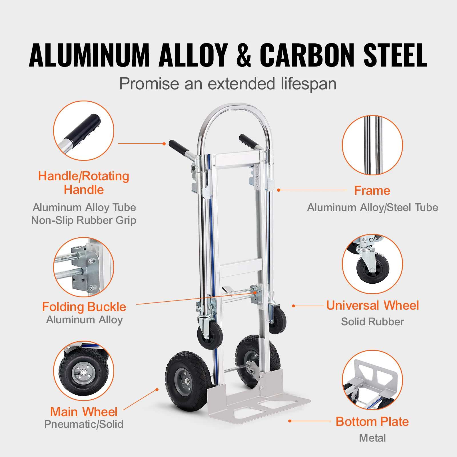 VEVOR Folding Hand Truck Aluminum Heavy Duty Industrial Collapsible Dolly Cart for Transport and Moving in Warehouse Supermarket Color : 800lbs 